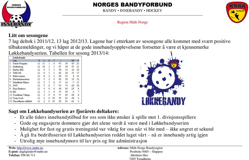 Tabellen for sesong 2013/14: Sagt om Løkkebandyserien av fjorårets deltakere: - Et alle tiders innebandytilbud for oss som ikke ønsker å spille mot 1.