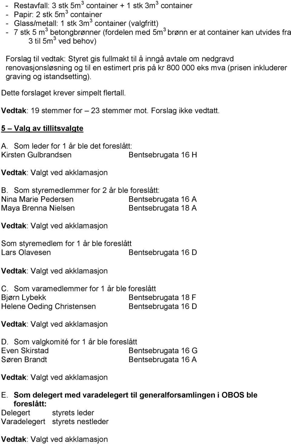 inkluderer graving og istandsetting). Vedtak: 19 stemmer for 23 stemmer mot. Forslag ikke vedtatt. 5 Valg av tillitsvalgte A.