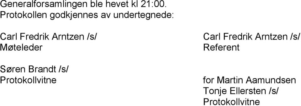 Arntzen /s/ Møteleder Søren Brandt /s/ Protokollvitne Carl