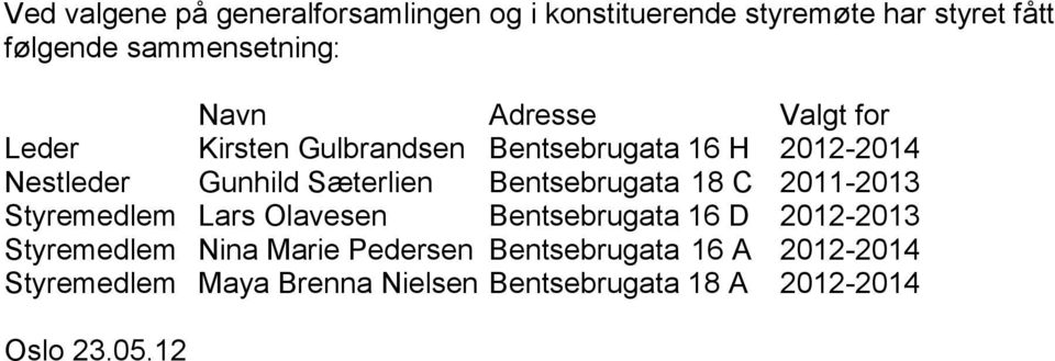 Bentsebrugata 18 C 2011-2013 Styremedlem Lars Olavesen Bentsebrugata 16 D 2012-2013 Styremedlem Nina Marie