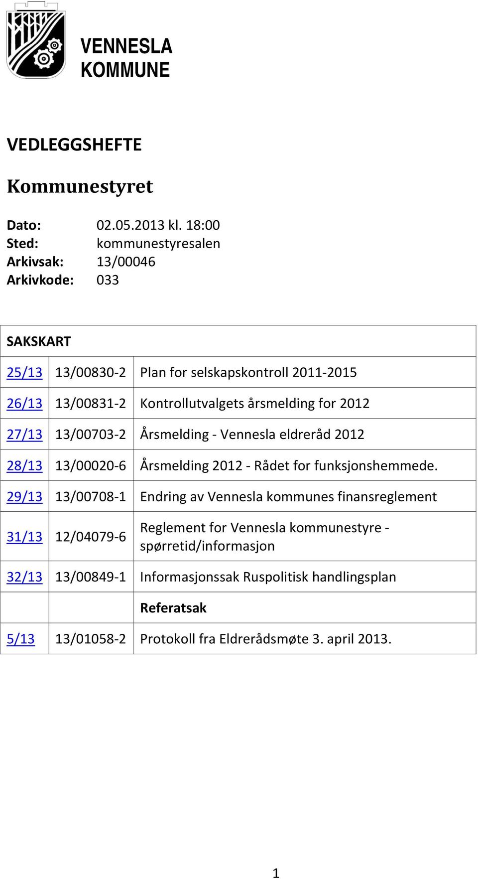 Kontrollutvalgets årsmelding for 2012 27/13 13/00703 2 Årsmelding Vennesla eldreråd 2012 28/13 13/00020 6 Årsmelding 2012 Rådet for funksjonshemmede.