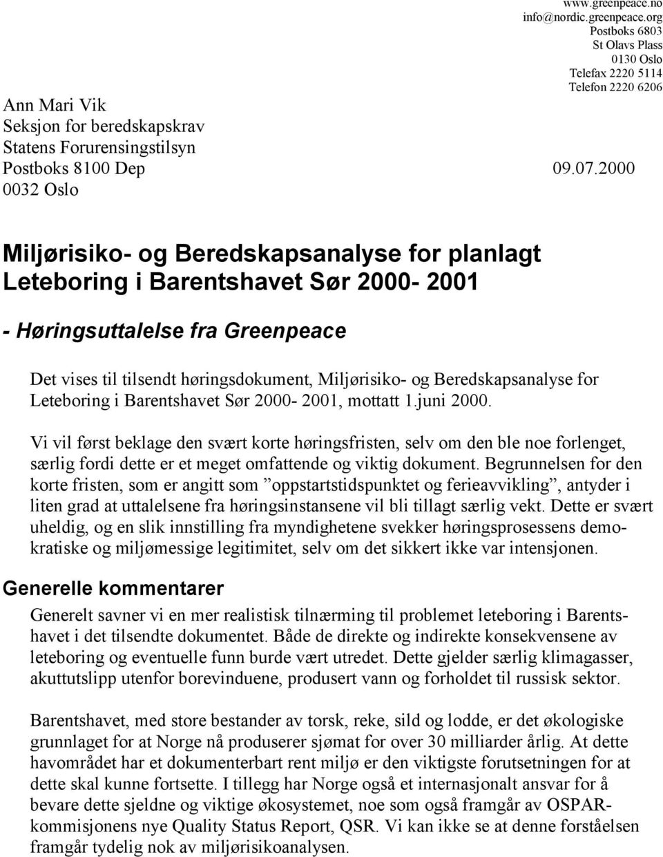 Beredskapsanalyse for Leteboring i Barentshavet Sør 2000-2001, mottatt 1.juni 2000.