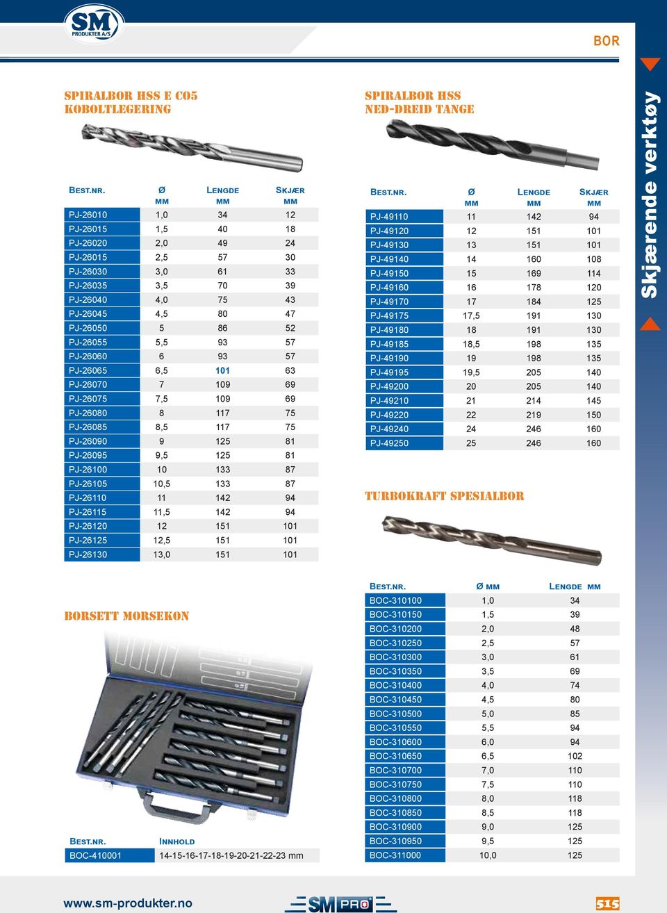 PJ-26100 10 133 87 PJ-26105 10,5 133 87 PJ-26110 11 142 94 PJ-26115 11,5 142 94 PJ-26120 12 151 101 PJ-26125 12,5 151 101 PJ-26130 13,0 151 101 SPIRALBOR HSS NED-DREID TANGE Ø Lengde Skjær PJ-49110