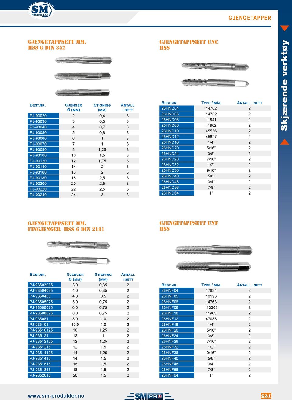 1,75 3 PJ-93140 14 2 3 PJ-93160 16 2 3 PJ-93180 18 2,5 3 PJ-93200 20 2,5 3 PJ-93220 22 2,5 3 PJ-93240 24 3 3 GJENGETAPPSETT UNC HSS Type / mål Antall i sett 26HNC04 14702 2 26HNC05 14732 2 26HNC06