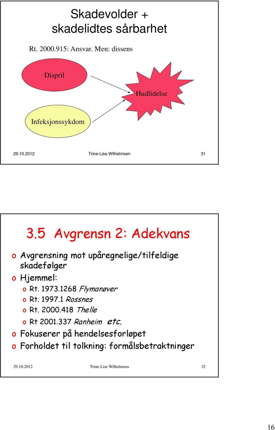 5 Avgrensn 2: Adekvans o Avgrensning mot upåregnelige/tilfeldige skadefølger o Hjemmel: o Rt. 1973.