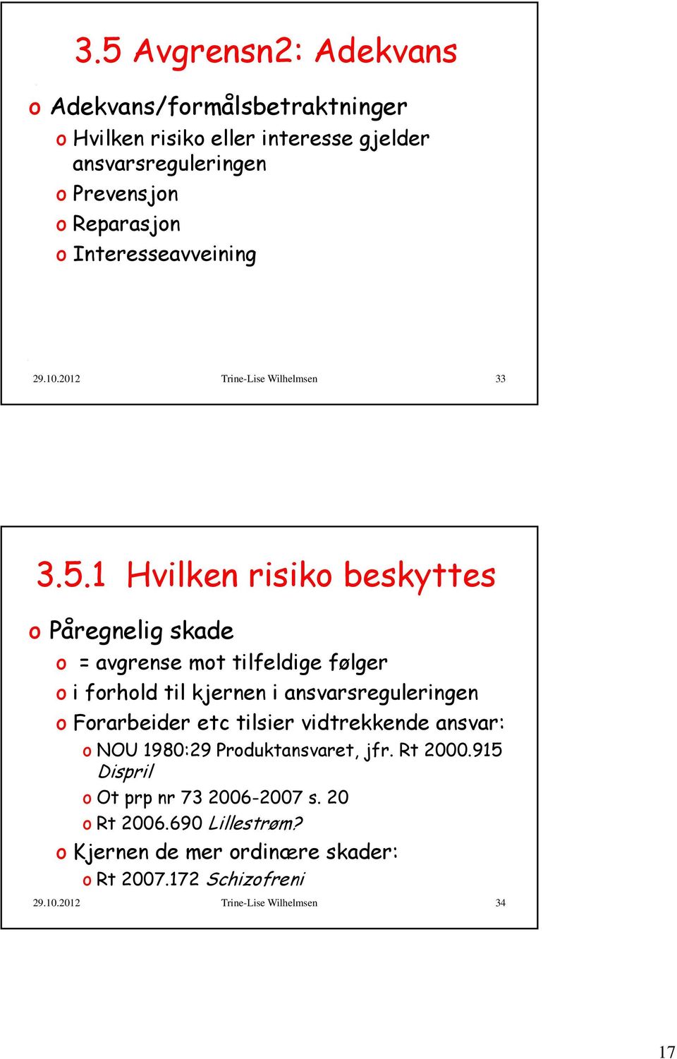 1 Hvilken risiko beskyttes o Påregnelig skade o = avgrense mot tilfeldige følger o i forhold til kjernen i ansvarsreguleringen o Forarbeider etc