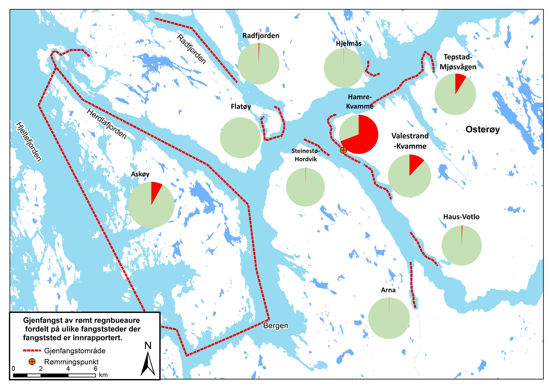 Figur 4: Oversikt over i hvilke fjordområder den rømte regnbueauren er tatt ved garnfiske. Rød del av sirkel viser prosentandelen av totalfangsten tatt i gjeldende fjordområde.
