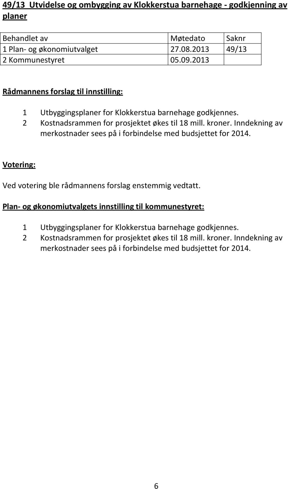 Inndekning av merkostnader sees på i forbindelse med budsjettet for 2014. Ved votering ble rådmannens forslag enstemmig vedtatt.