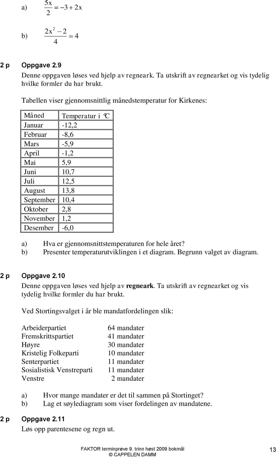 November 1,2 Desember -6,0 a) Hva er gjennomsnittstemperaturen for hele året? b) Presenter temperaturutviklingen i et diagram. Begrunn valget av diagram. 2 p Oppgave 2.