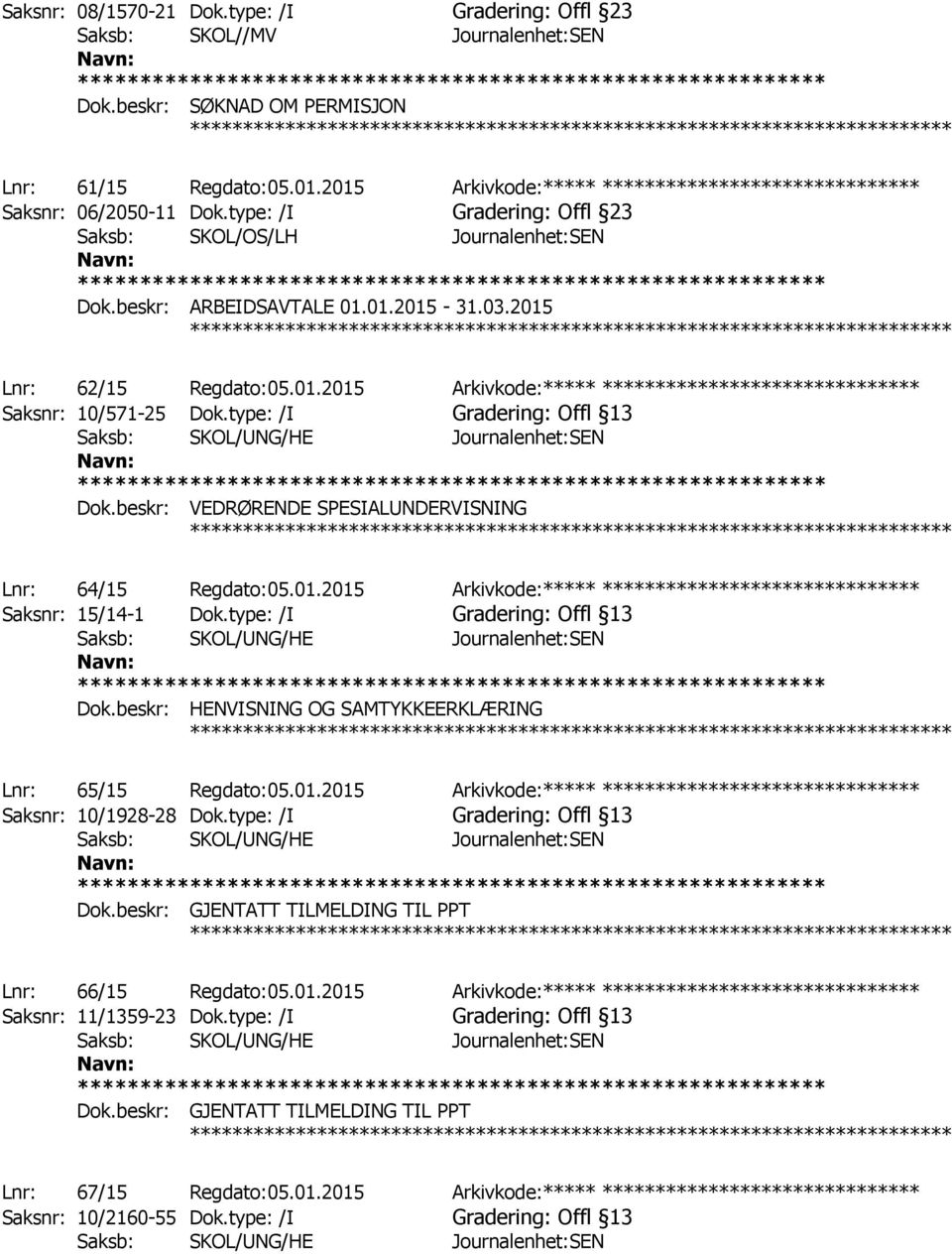 2015 ************ Lnr: 62/15 Regdato:05.01.2015 Arkivkode:***** ****************************** Saksnr: 10/571-25 Dok.type: /I Gradering: Offl 13 Dok.