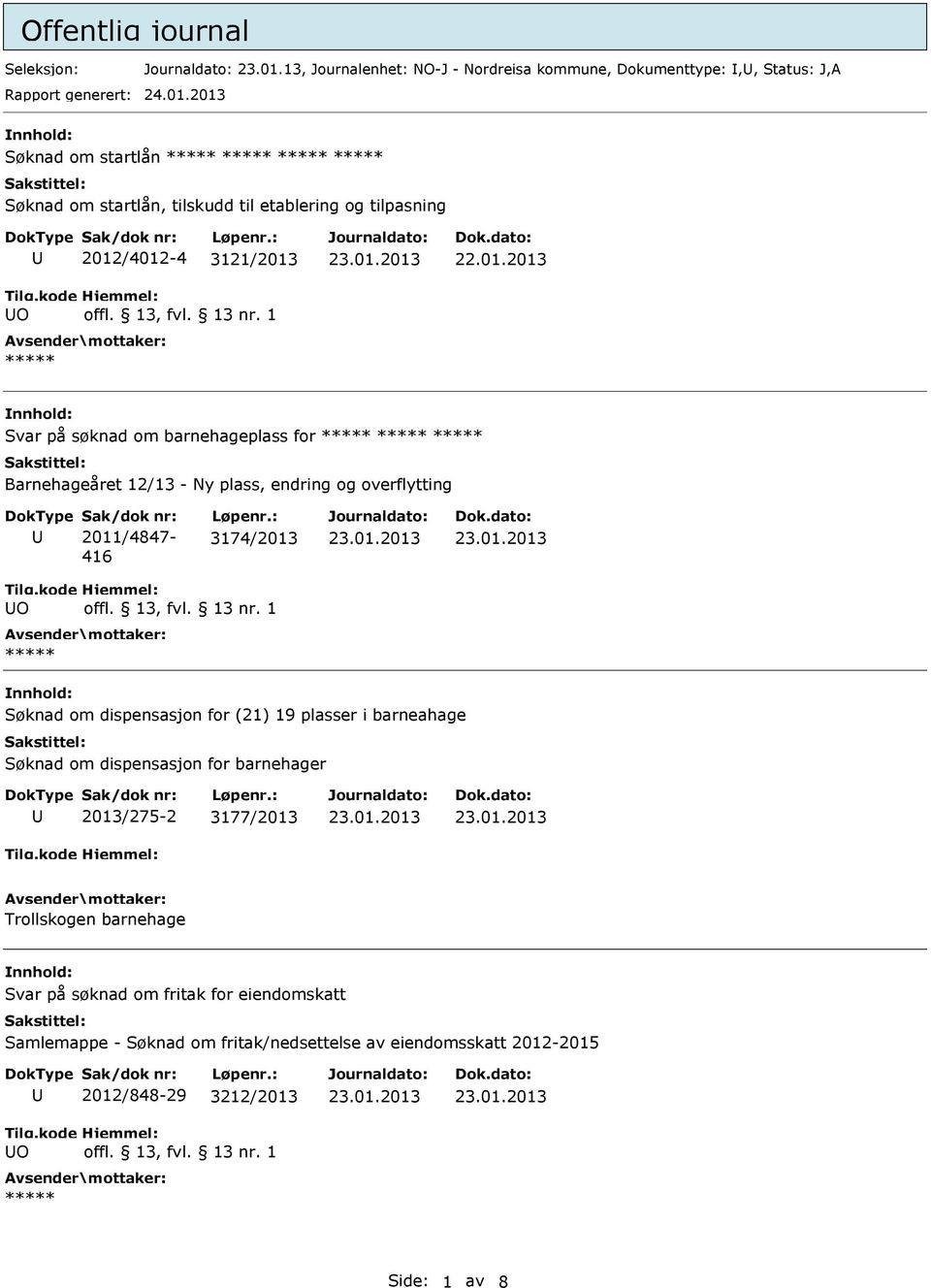 2013 Søknad om startlån ***** ***** ***** ***** Søknad om startlån, tilskudd til etablering og tilpasning 2012/4012-4 3121/2013 ***** 22.01.2013 Svar på søknad om barnehageplass for ***** ***** ***** Barnehageåret 12/13 - Ny plass, endring og overflytting Sak/dok nr: 2011/4847-416 Løpenr.