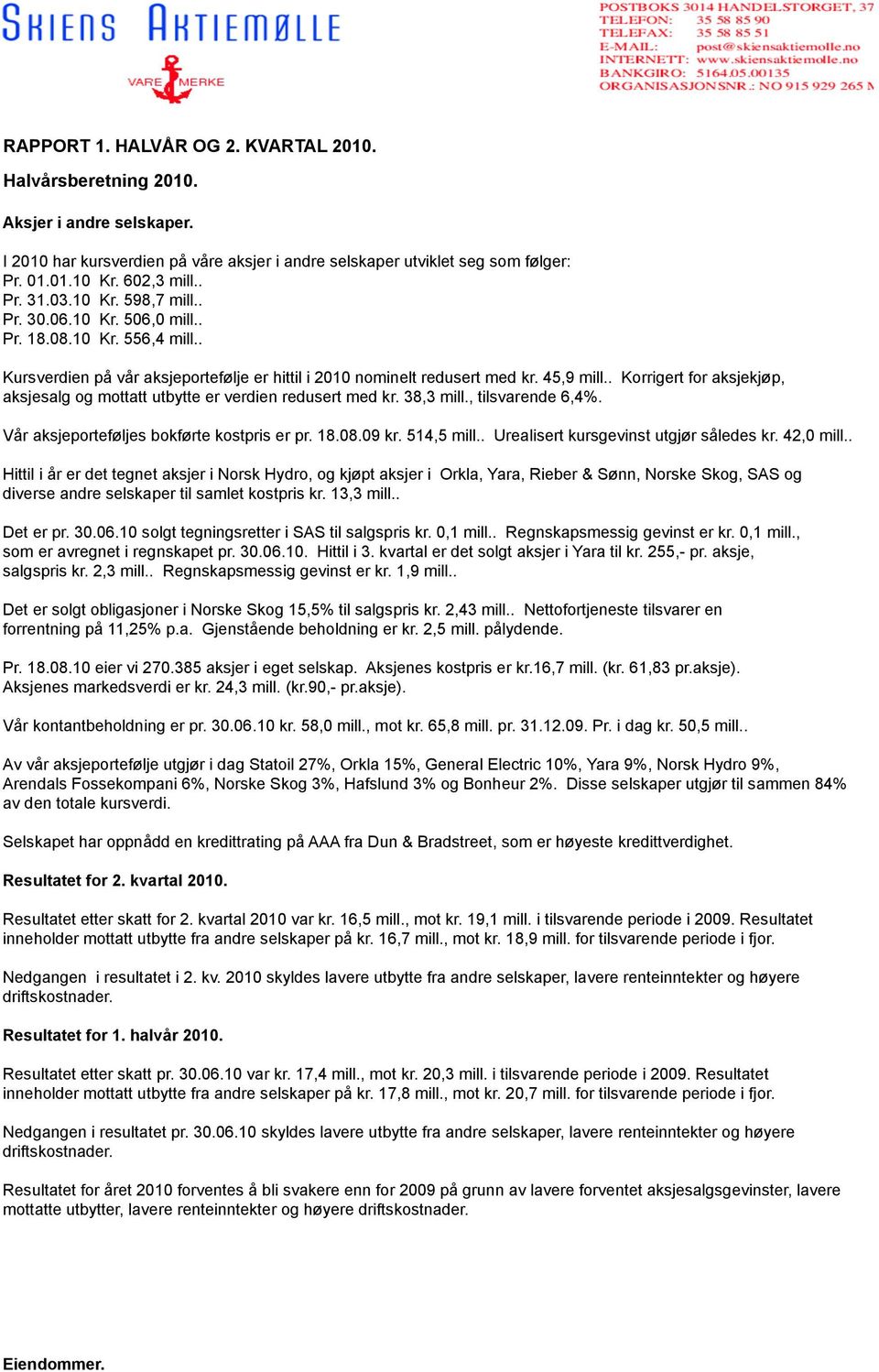 . Korrigert for aksjekjøp, aksjesalg og mottatt utbytte er verdien redusert med kr. 38,3 mill., tilsvarende 6,4%. Vår aksjeporteføljes bokførte kostpris er pr. 18.08.09 kr. 514,5 mill.