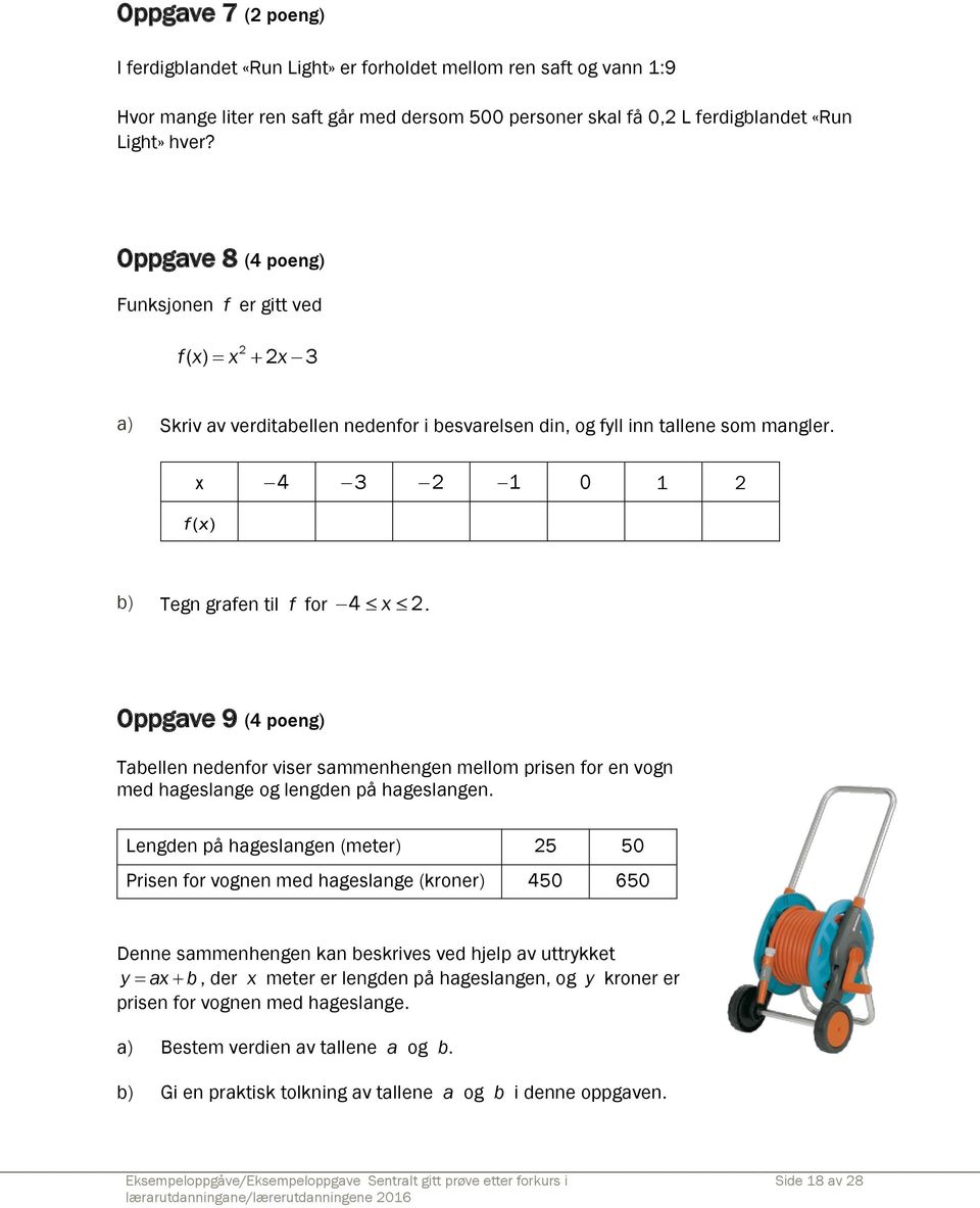 x 4 3 2 1 0 1 2 fx ( ) b) Tegn grafen til f for 4 x 2. Oppgave 9 (4 poeng) Tabellen nedenfor viser sammenhengen mellom prisen for en vogn med hageslange og lengden på hageslangen.