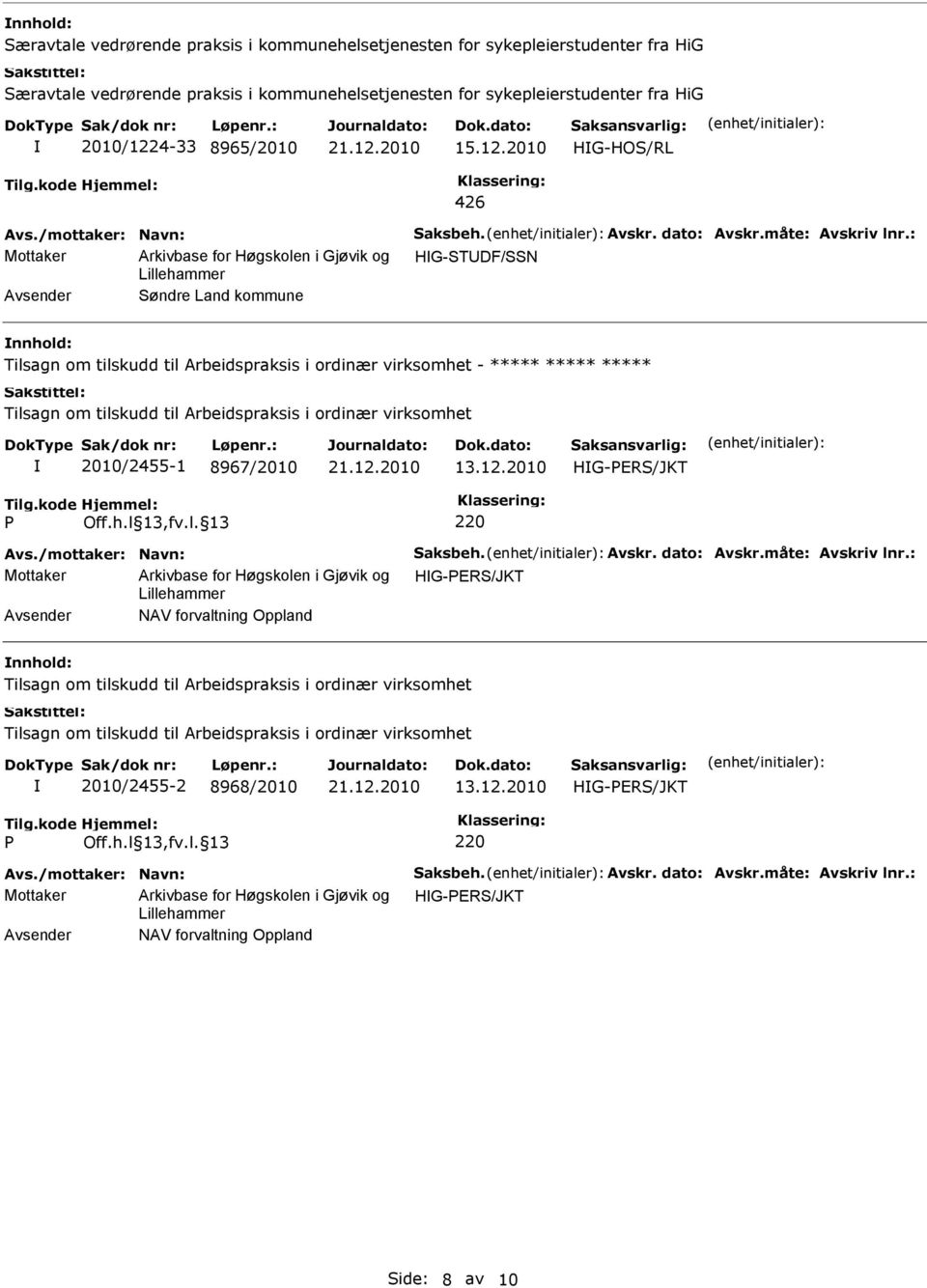 2010 HG-HO/RL 426 Arkivbase for Høgskolen i Gjøvik og HG-TDF/N Avsender øndre Land kommune nnhold: Tilsagn om tilskudd til Arbeidspraksis i ordinær virksomhet - ***** ***** ***** Tilsagn om tilskudd