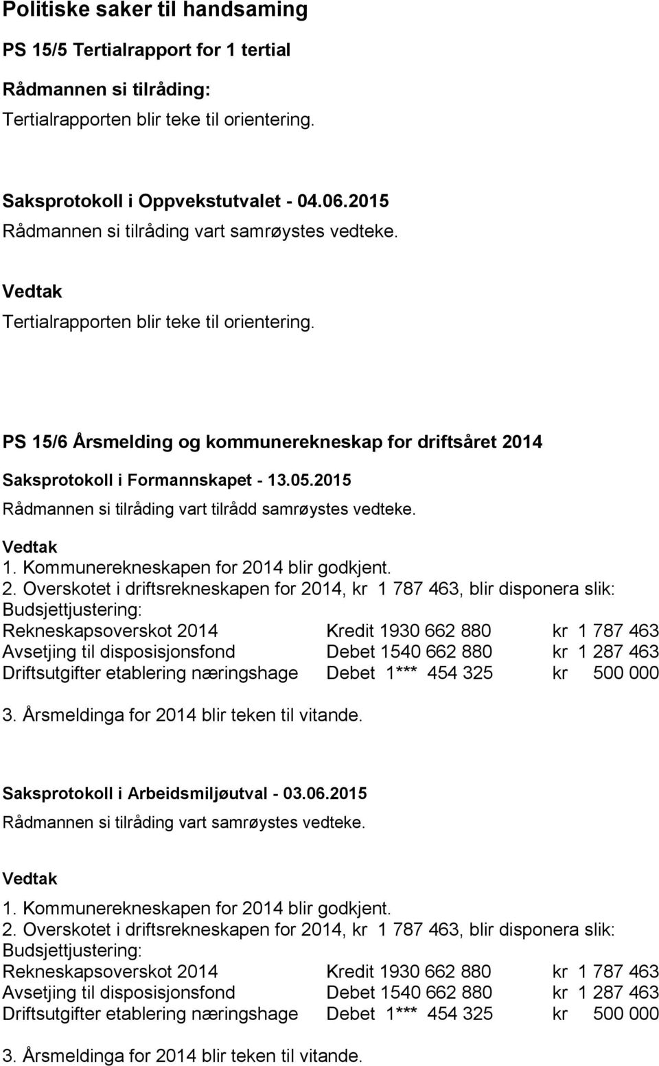 PS 15/6 Årsmelding og kommunerekneskap for driftsåret 2014 Saksprotokoll i Formannskapet - 13.05.
