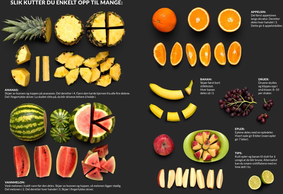 Hver banan deles så i 3. DRUER: Druene skylles og klippes opp i små klaser, 8 10 per shaker. EPLER: Eplene deles med en epledeler. Hvert eple gir 8 biter (noen epler gir 7 biter).