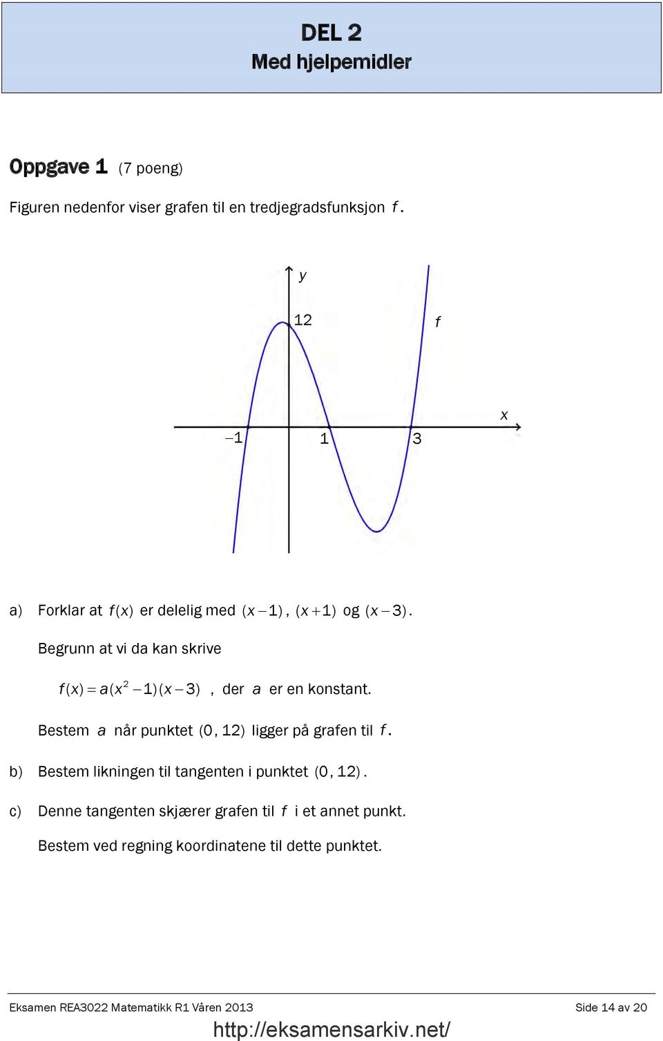 Begrunn at vi da kan skrive fx ( ) = ax ( 1)( x 3), der a er en konstant. Bestem a når punktet (0, 1) ligger på grafen til f.