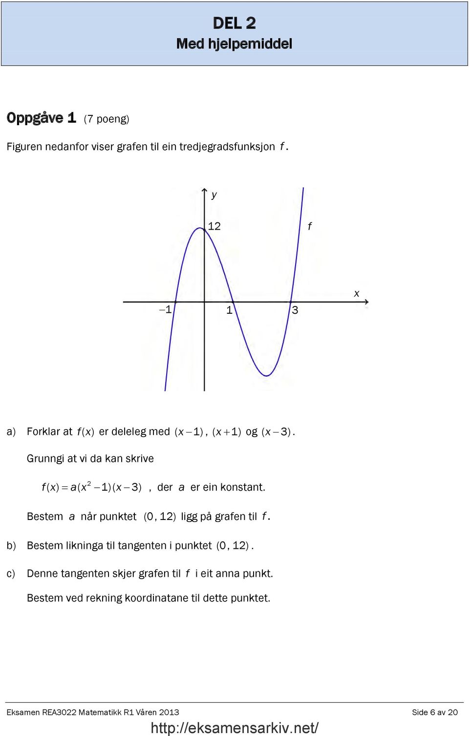 Grunngi at vi da kan skrive fx ( ) = ax ( 1)( x 3), der a er ein konstant. Bestem a når punktet (0, 1) ligg på grafen til f.