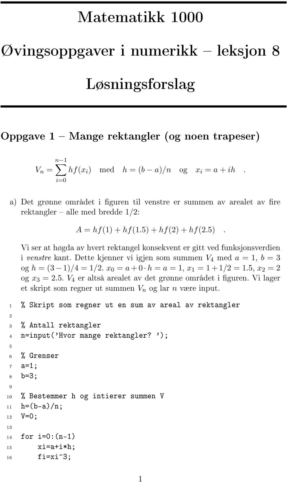 + hf() + hf(.5). Vi ser at høgda av hvert rektangel konsekvent er gitt ved funksjonsverdien i venstre kant. Dette kjenner vi igjen som summen V 4 med a = 1, b = 3 og h = (3 1)/4 = 1/.