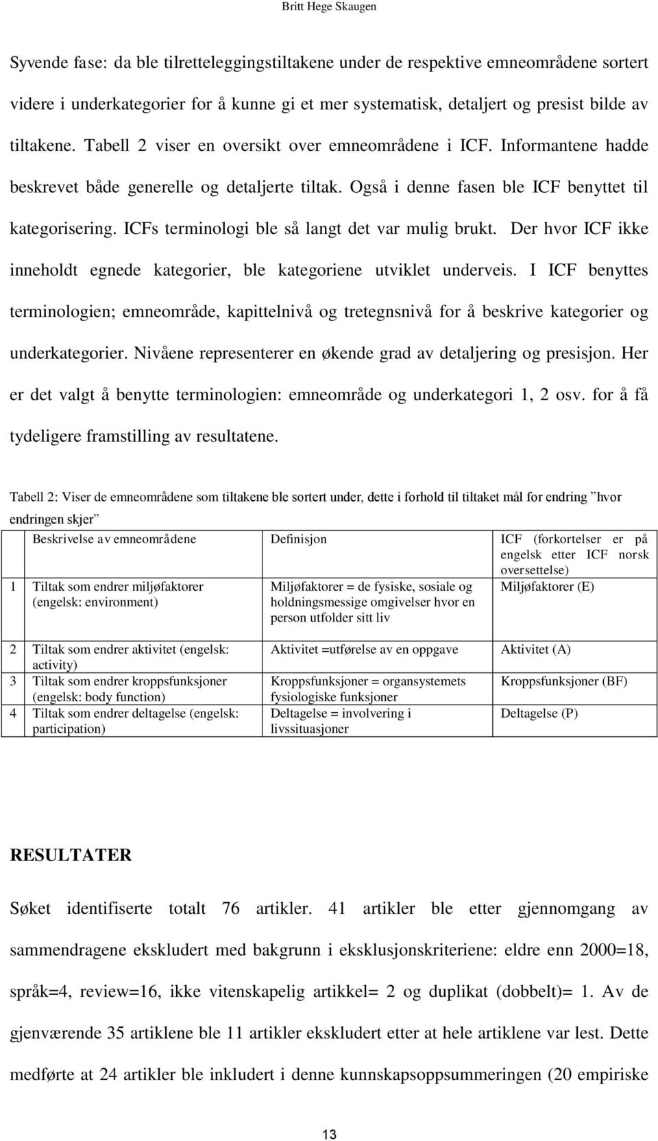 ICFs terminologi ble så langt det var mulig brukt. Der hvor ICF ikke inneholdt egnede kategorier, ble kategoriene utviklet underveis.