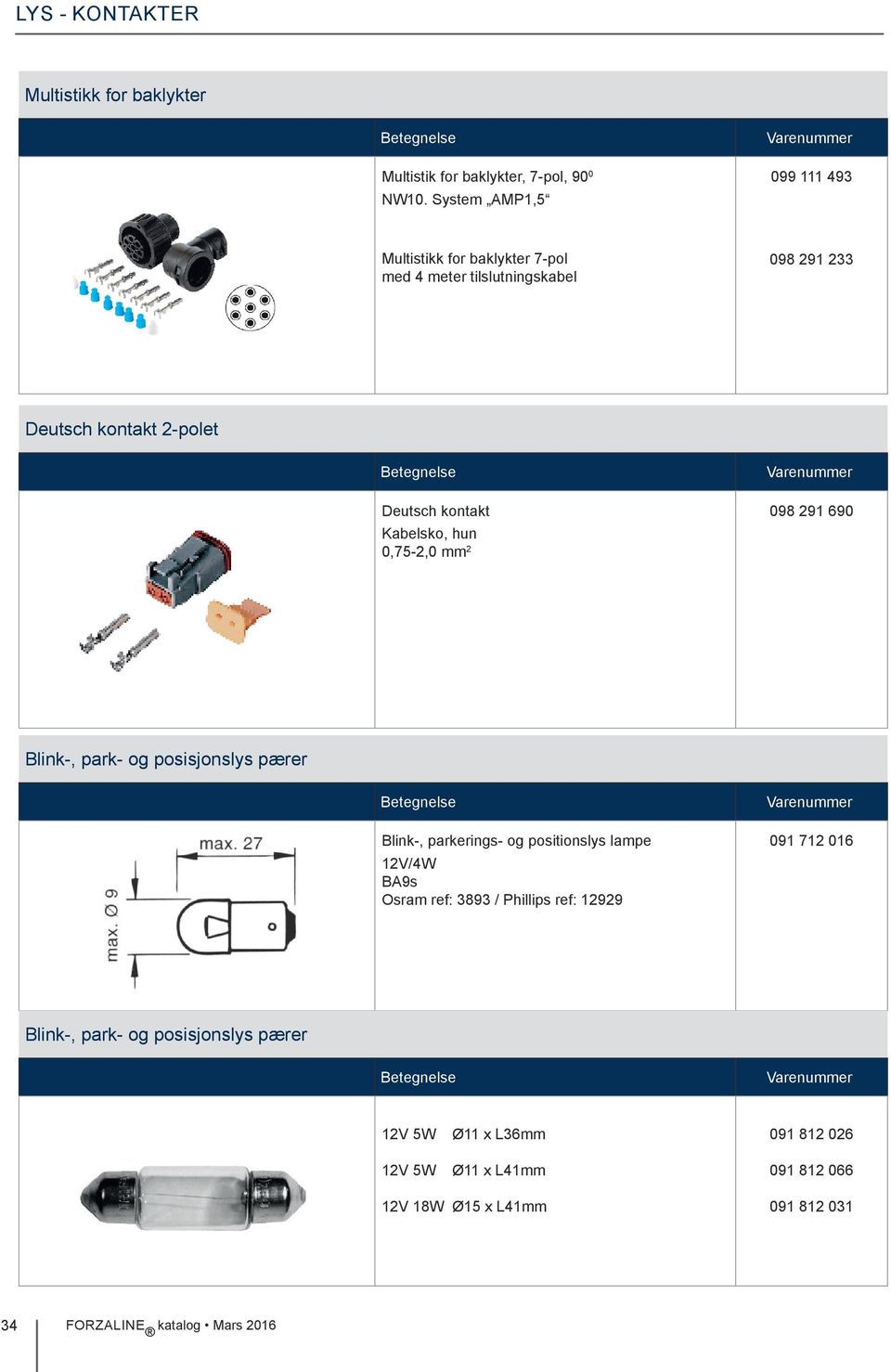 kontakt Kabelsko, hun 0,75-2,0 mm 2 098 291 690 Blink-, park- og posisjonslys pærer Blink-, parkerings- og positionslys lampe 12V/4W