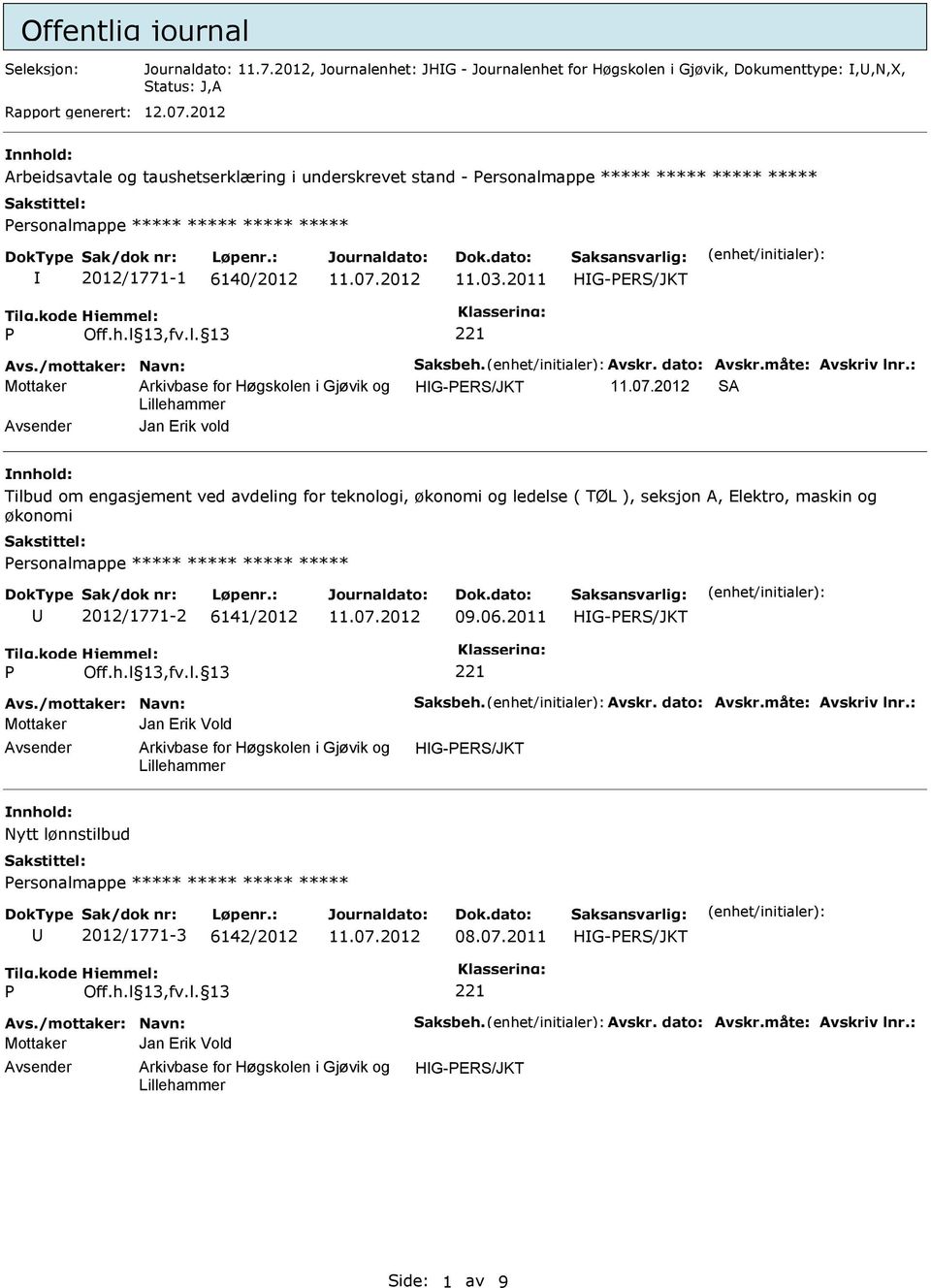 2011 Mottaker SA Jan Erik vold Tilbud om engasjement ved avdeling for teknologi, økonomi og ledelse ( TØL ), seksjon A, Elektro, maskin og økonomi ersonalmappe *****