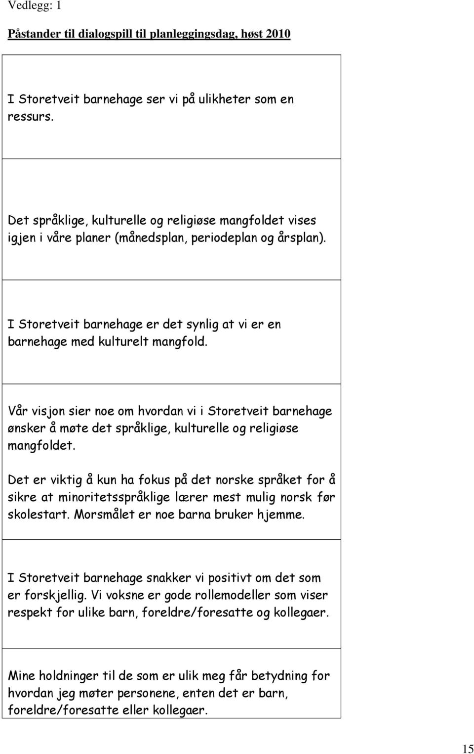 Vår visjon sier noe om hvordan vi i Storetveit barnehage ønsker å møte det språklige, kulturelle og religiøse mangfoldet.