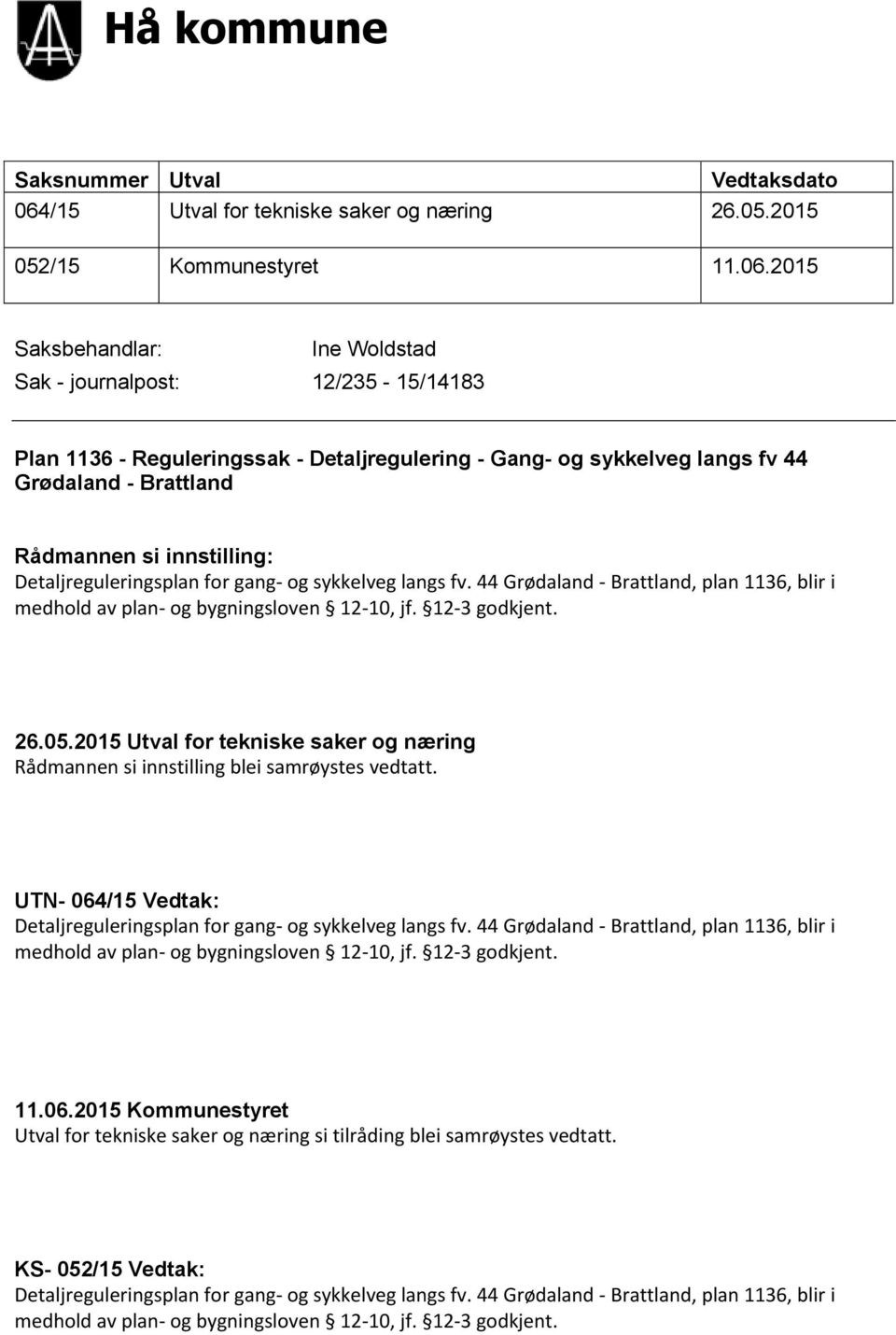 2015 Saksbehandlar: Ine Woldstad Sak - journalpost: 12/235-15/14183 Plan 1136 - Reguleringssak - Detaljregulering - Gang- og sykkelveg langs fv 44 Grødaland - Brattland Rådmannen si innstilling: