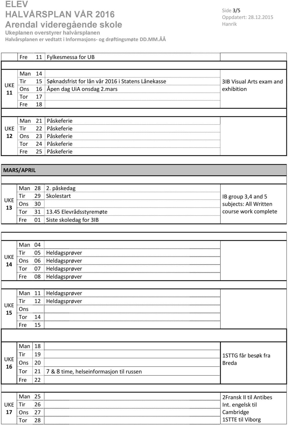 påskedag Tir 29 Skolestart Ons 30 Tor 31 13.