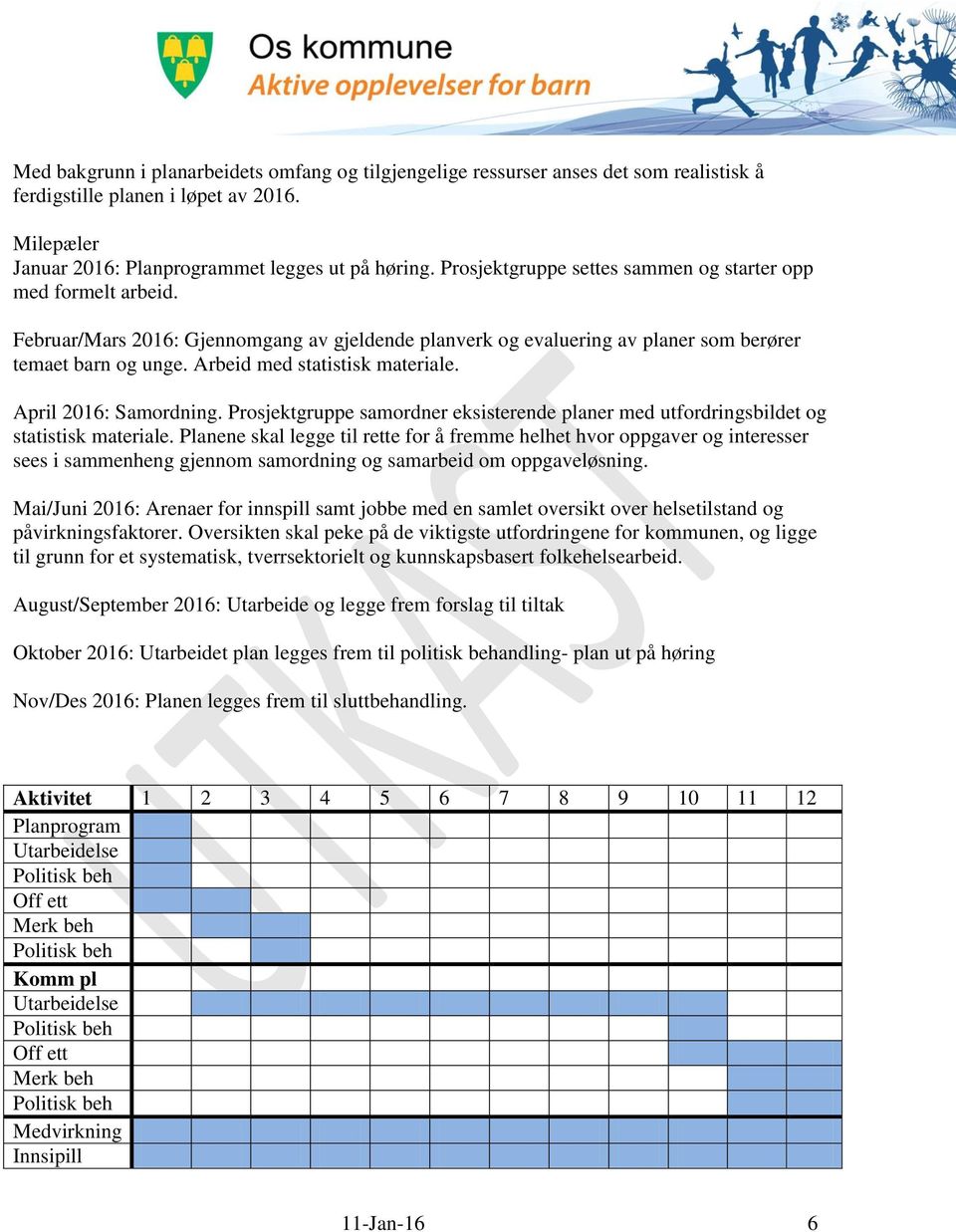 Arbeid med statistisk materiale. April 2016: Samordning. Prosjektgruppe samordner eksisterende planer med utfordringsbildet og statistisk materiale.