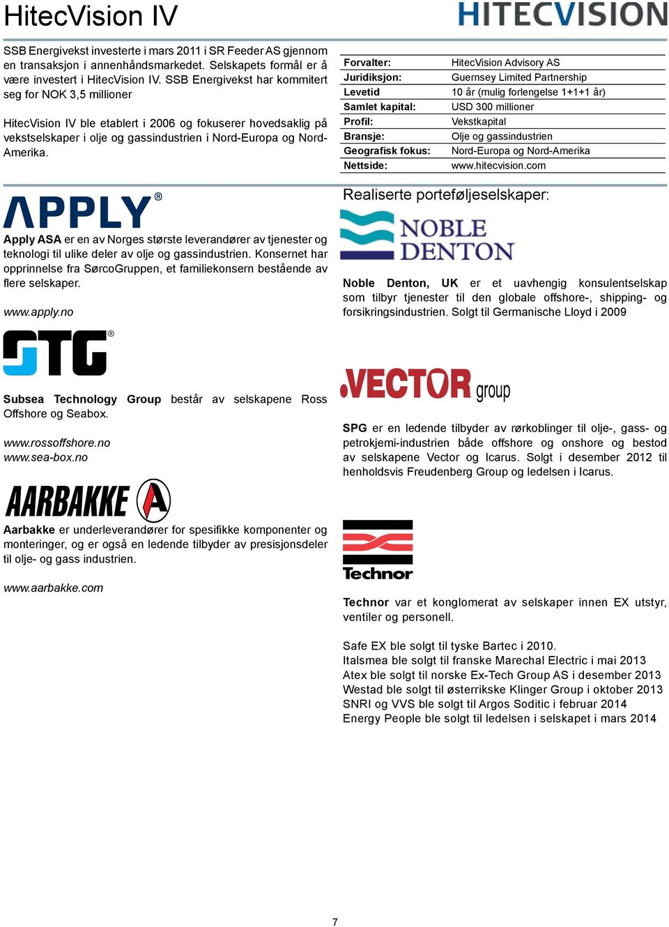 Forvalter: Juridiksjon: Levetid Samlet kapital: Profil: Bransje: Geografisk fokus: Nettside: HitecVision Advisory AS Guernsey Limited Partnership 10 år (mulig forlengelse 1+1+1 år) USD 300 millioner