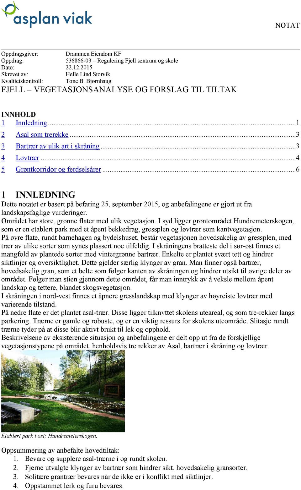 ..6 1 INNLEDNING Dette notatet er basert på befaring 25. september 2015, og anbefalingene er gjort ut fra landskapsfaglige vurderinger. Området har store, grønne flater med ulik vegetasjon.