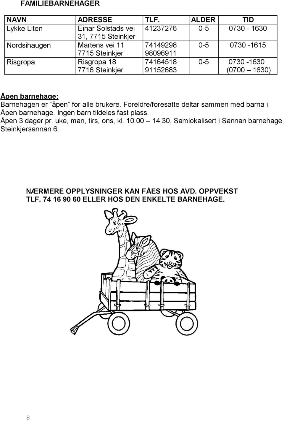 98096911 Risgropa Risgropa 18 7716 Steinkjer 74164518 91152683 0-5 0730-1630 (0700 1630) Åpen : Barnehagen er åpen for alle brukere.