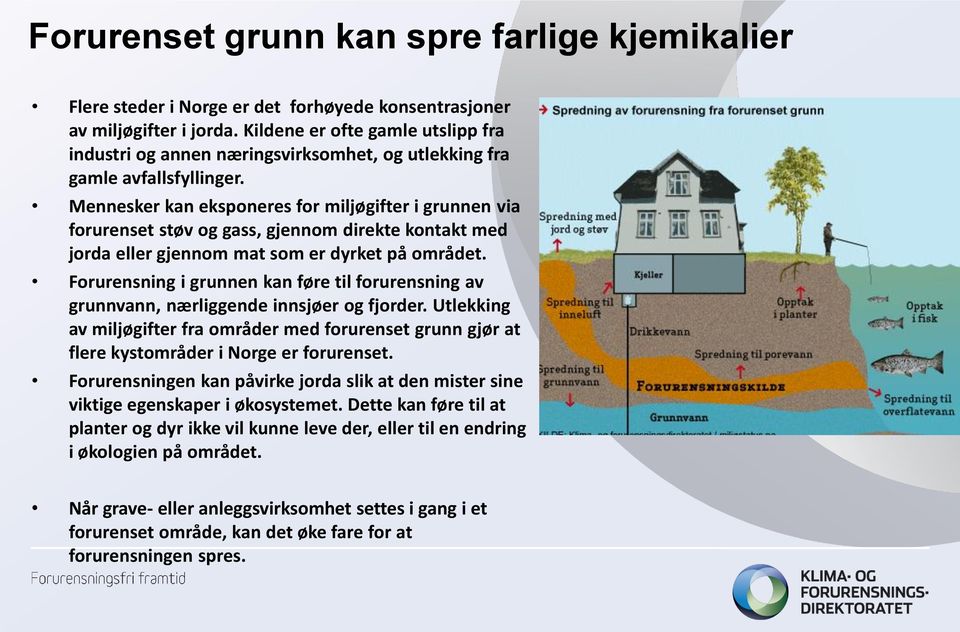 Mennesker kan eksponeres for miljøgifter i grunnen via forurenset støv og gass, gjennom direkte kontakt med jorda eller gjennom mat som er dyrket på området.