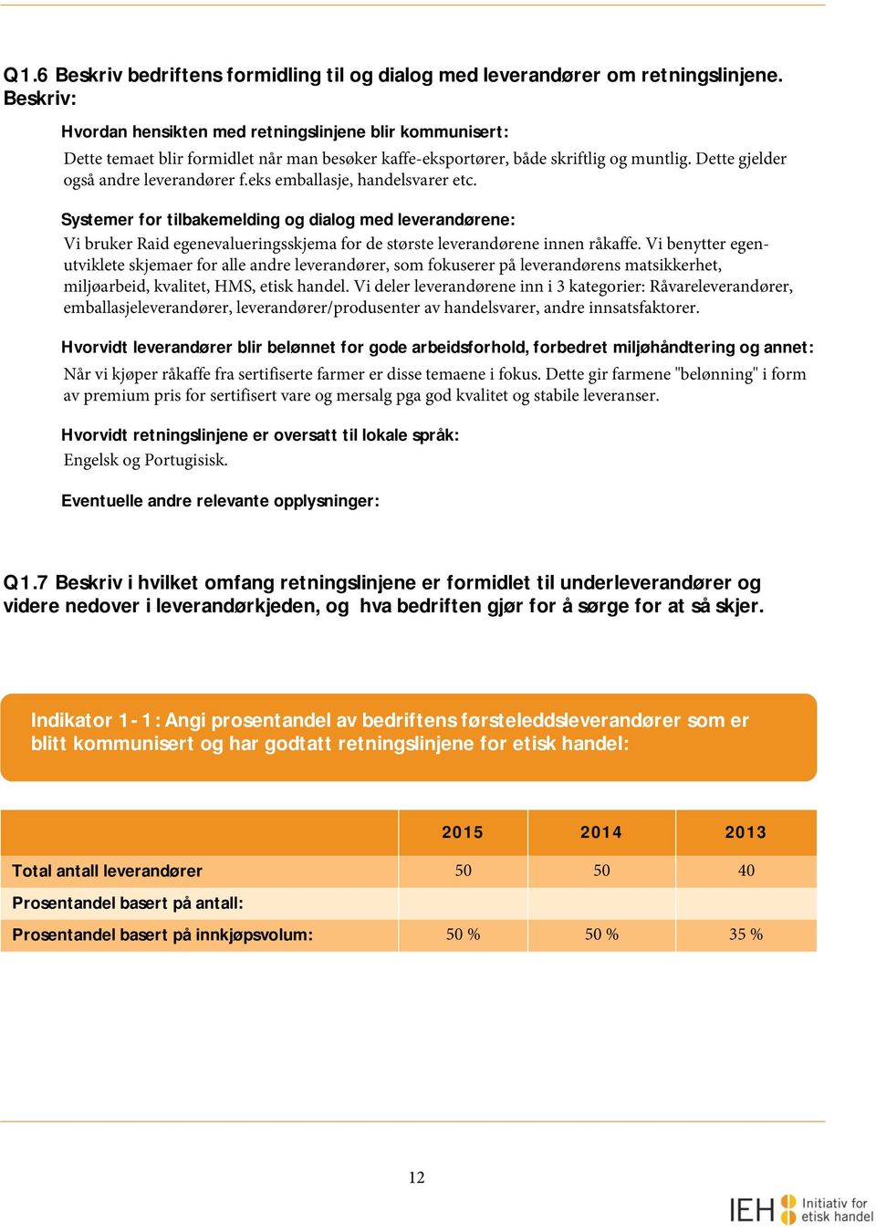 eks emballasje, handelsvarer etc. Systemer for tilbakemelding og dialog med leverandørene: Vi bruker Raid egenevalueringsskjema for de største leverandørene innen råkaffe.