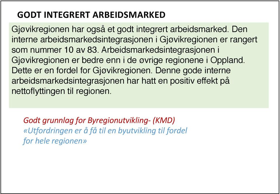 Arbeidsmarkedsintegrasjonen i Gjøvikregionen er bedre enn i de øvrige regionene i Oppland. Dette er en fordel for Gjøvikregionen.