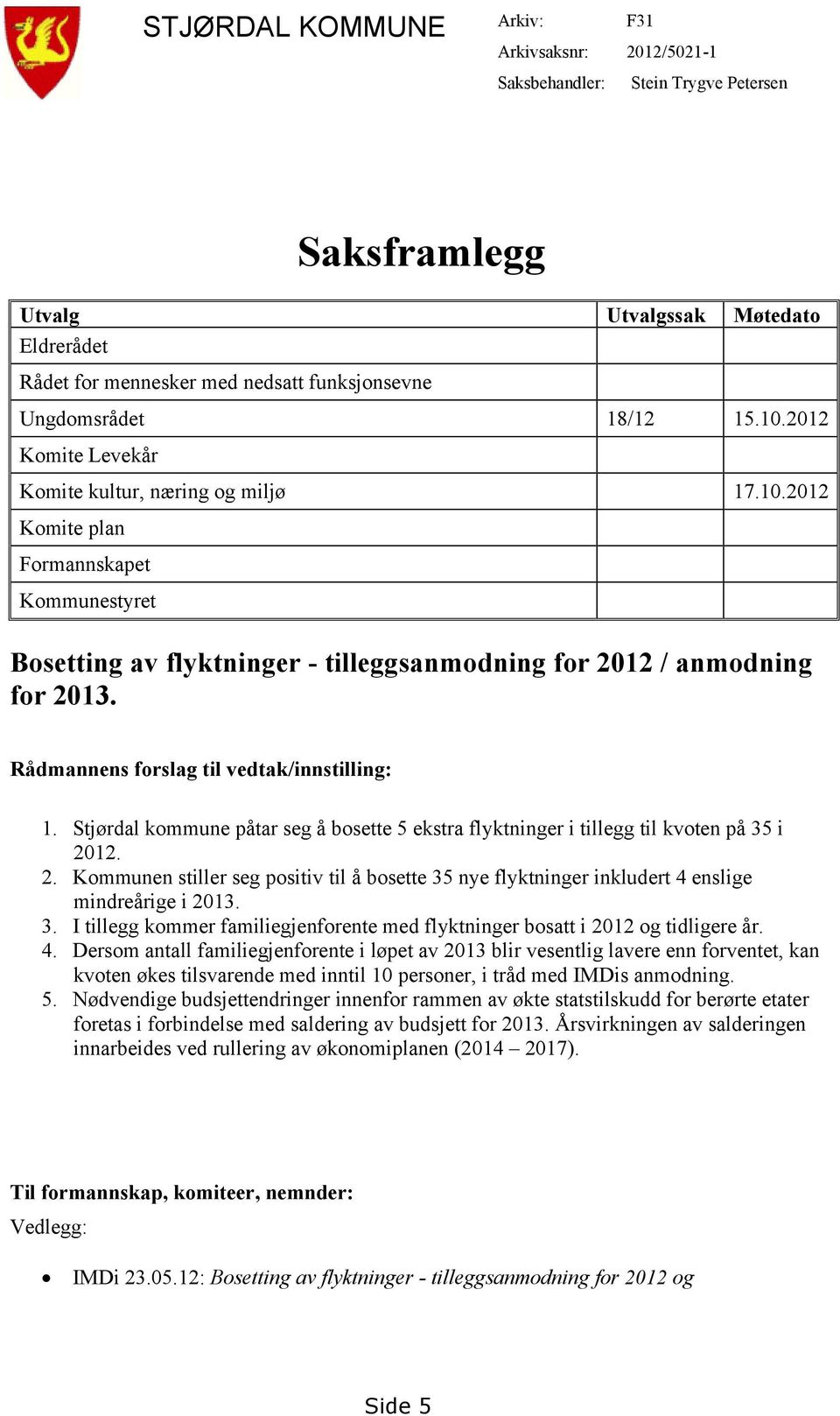 Rådmannens forslag til vedtak/innstilling: 1. Stjørdal kommune påtar seg å bosette 5 ekstra flyktninger i tillegg til kvoten på 35 i 20