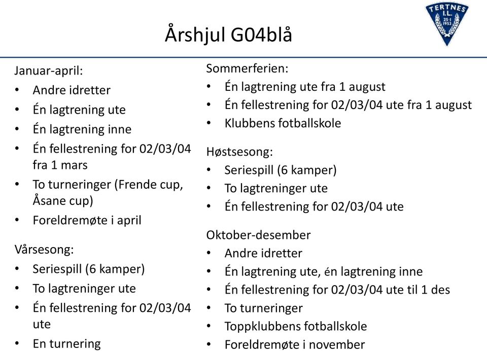 Én fellestrening for 02/03/04 ute fra 1 august Klubbens fotballskole Høstsesong: Seriespill (6 kamper) To lagtreninger ute Én fellestrening for 02/03/04 ute