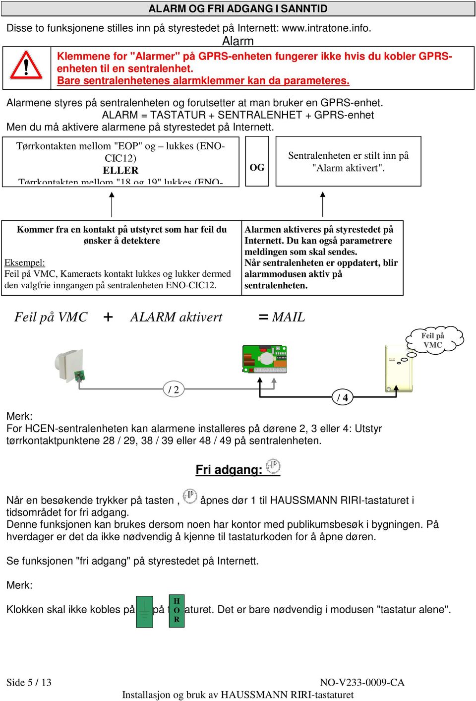 Alarmene styres på sentralenheten og forutsetter at man bruker en GPRS-enhet. ALARM = TASTATUR + SENTRALENHET + GPRS-enhet Men du må aktivere alarmene på styrestedet på Internett.