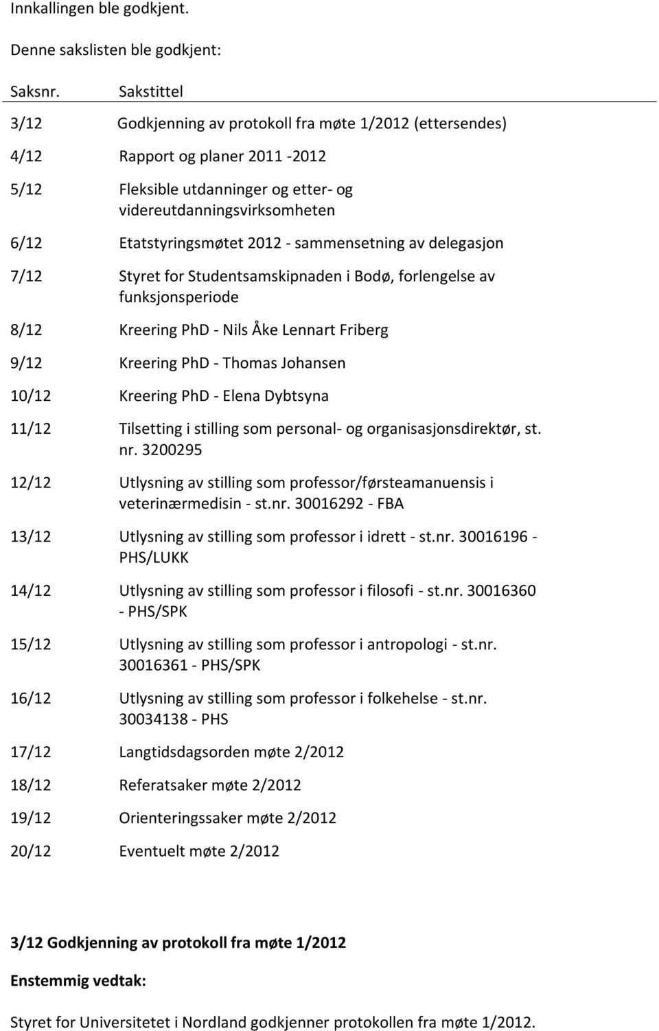 2012 - sammensetning av delegasjon 7/12 Styret for Studentsamskipnaden i Bodø, forlengelse av funksjonsperiode 8/12 Kreering PhD - Nils Åke Lennart Friberg 9/12 Kreering PhD - Thomas Johansen 10/12