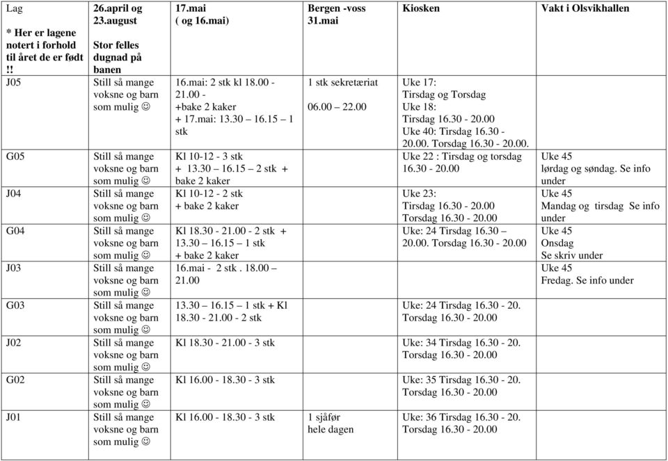 00 Uke 40: Tirsdag 16.30-20.00.. Uke 22 : Tirsdag og torsdag 16.30-20.00 Uke 23: Tirsdag 16.30-20.00 Uke: 24 Tirsdag 16.30 20.00. Uke: 24 Tirsdag 16.30-20. Kl 18.30-21.