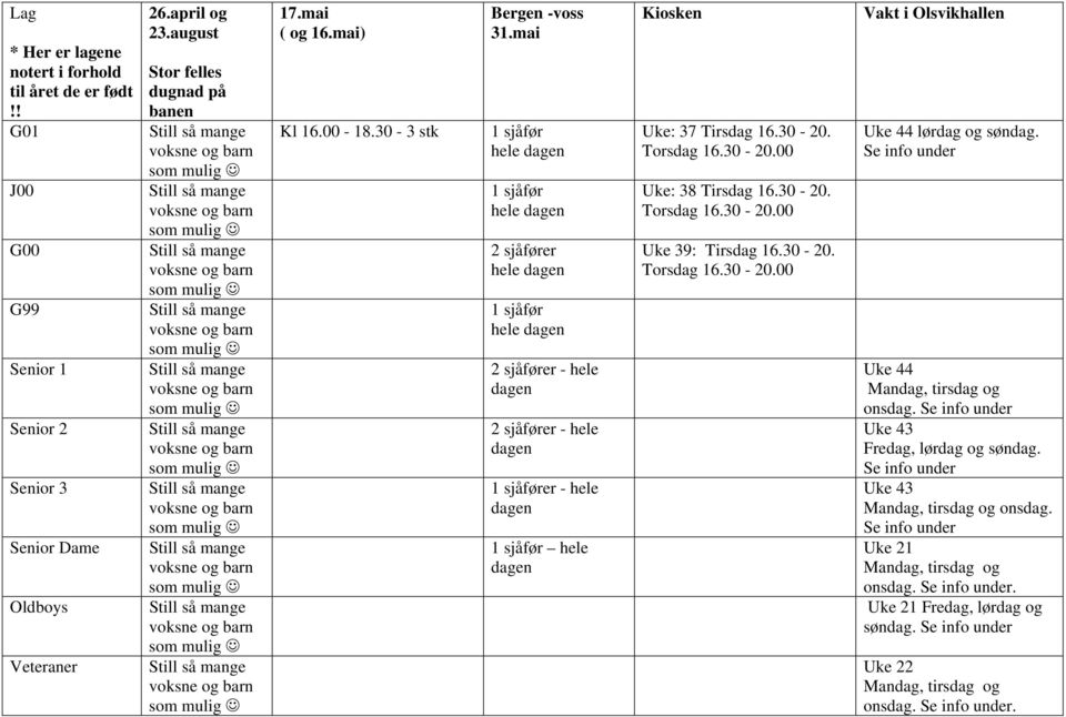 Uke: 38 Tirsdag 16.30-20. Uke 39: Tirsdag 16.30-20. Uke 44 lørdag og søndag. Uke 44 onsdag.