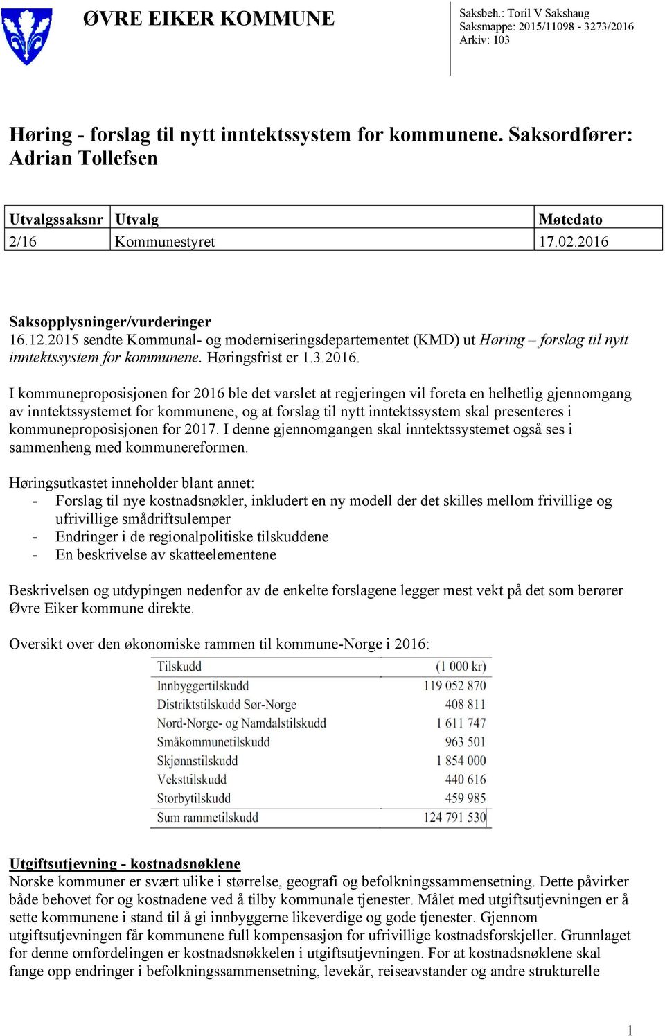 2015 sendte Kommunal- og moderniseringsdepartementet (KMD) ut Høring forslag til nytt inntektssystem for kommunene. Høringsfrist er 1.3.2016.