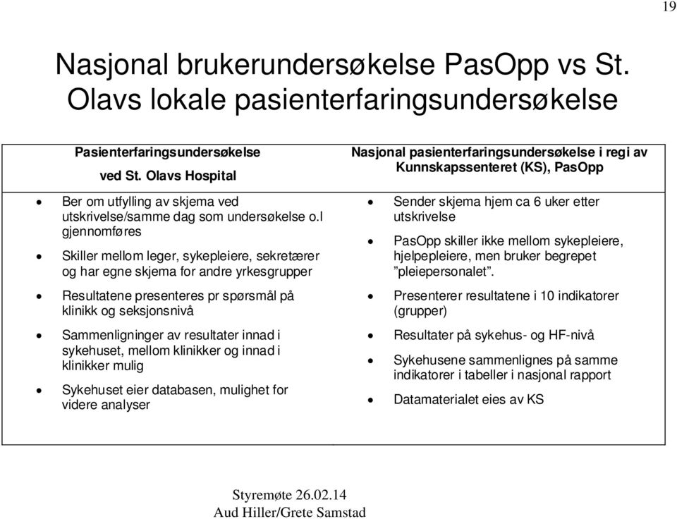 l gjennomføres Skiller mellom leger, sykepleiere, sekretærer og har egne skjema for andre yrkesgrupper Resultatene presenteres pr spørsmål på klinikk og seksjonsnivå Sammenligninger av resultater