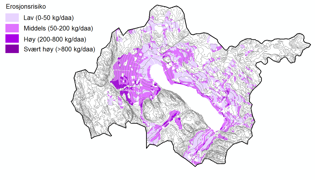 Figur 3. Eidsvatnet reginefelt med topografisk kart (5 m koter) og erosjonsrisikokart. 2.4.