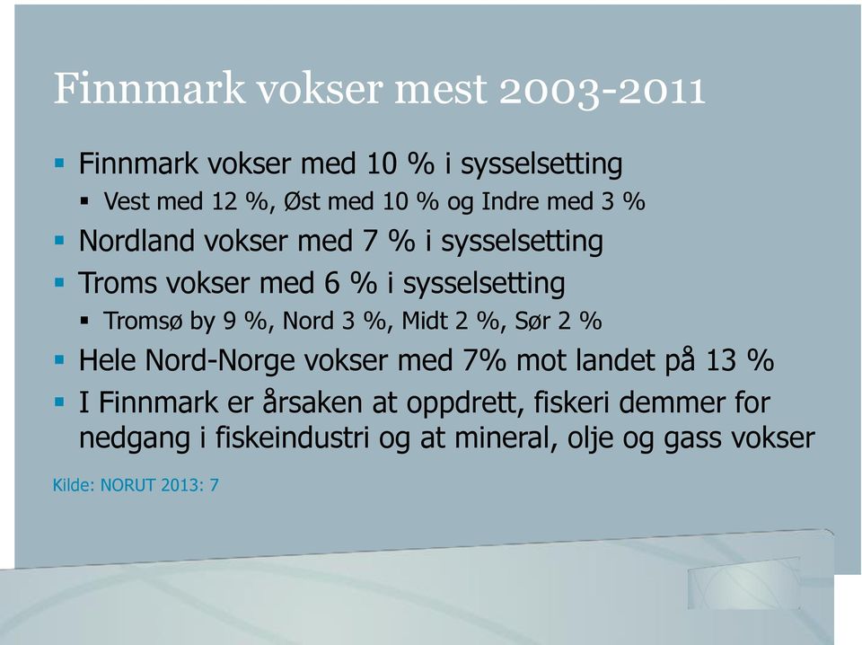 %, Nord 3 %, Midt 2 %, Sør 2 % Hele Nord-Norge vokser med 7% mot landet på 13 % I Finnmark er årsaken at