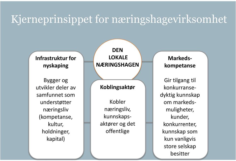 Koblingsaktør Kobler næringsliv, kunnskapsaktører og det offentlige Markedskompetanse Gir tilgang til