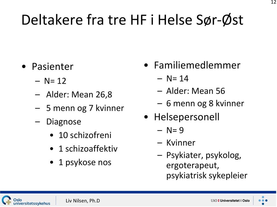 nos Familiemedlemmer N= 14 Alder: Mean 56 6 menn og 8 kvinner