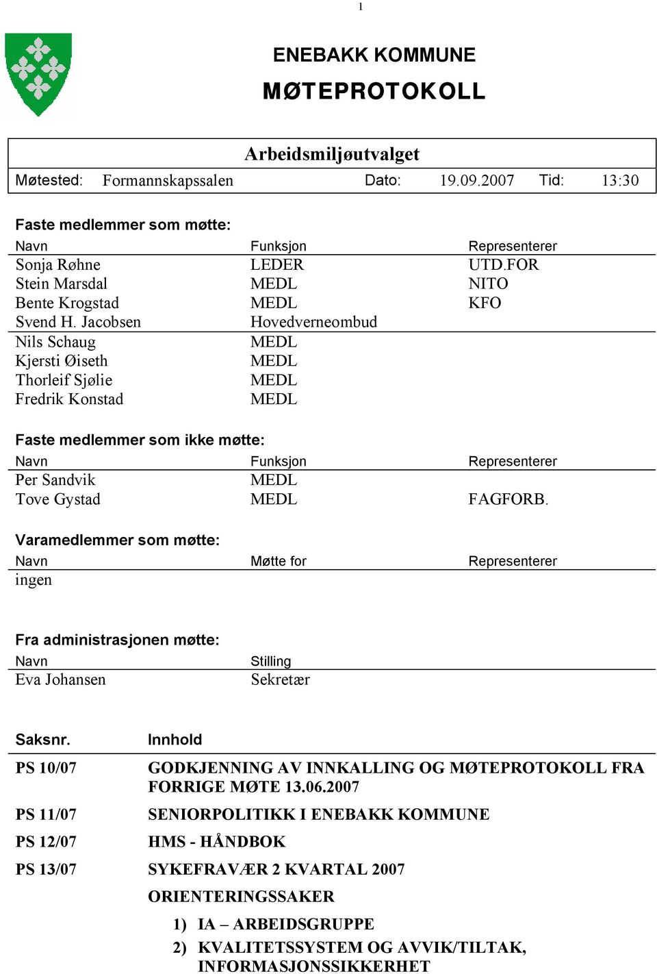 Jacobsen Hovedverneombud Nils Schaug Kjersti Øiseth Thorleif Sjølie Fredrik Konstad Faste medlemmer som ikke møtte: Navn Funksjon Representerer Per Sandvik Tove Gystad FAGFORB.