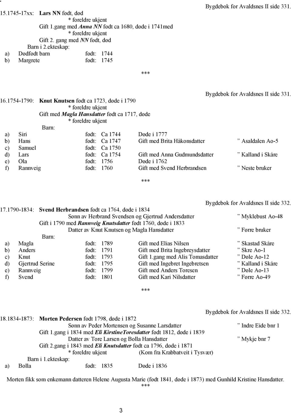 1754-1790: Knut Knutsen født ca 1723, døde i 1790 Gift med Magla Hansdatter født ca 1717, døde a) Siri født: Ca 1744 Døde i 1777 b) Hans født: Ca 1747 Gift med Brita Håkonsdatter Asaldalen Ao-5 c)